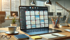 a computer on an office table, showing the use of the Trello program